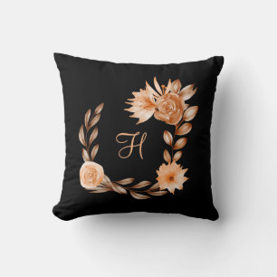 Monogrammed Black Brown and Peach Floral Cushion