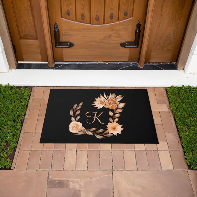Monogrammed Black Brown and Peach Floral Doormat (Outdoor)