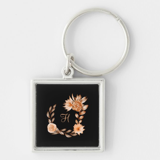 Monogrammed Black Brown and Peach Floral Key Ring (Front)