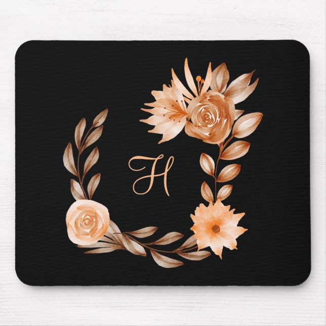 Monogrammed Black Brown and Peach Floral Mouse Pad (Front)