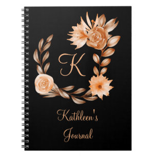 Monogrammed Black Brown and Peach Floral Notebook