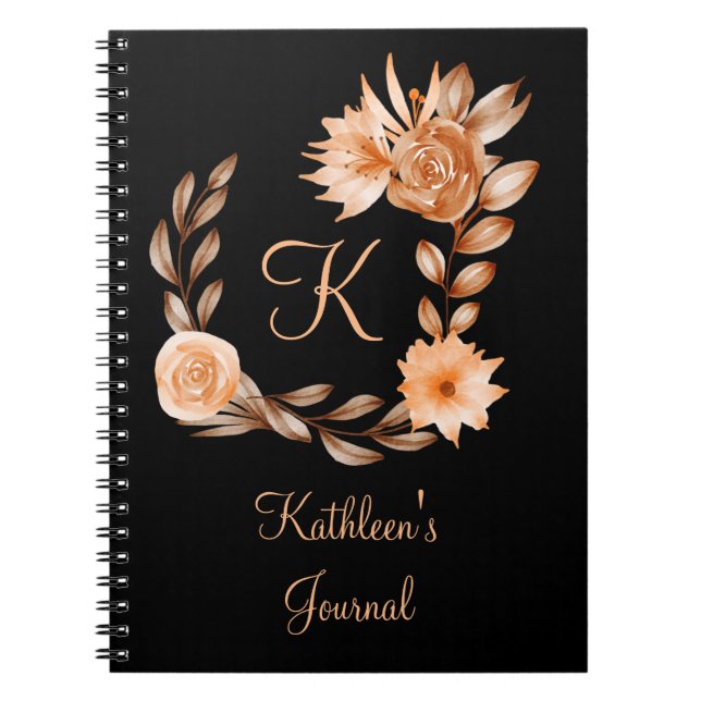 Monogrammed Black Brown and Peach Floral  Notebook (Front)