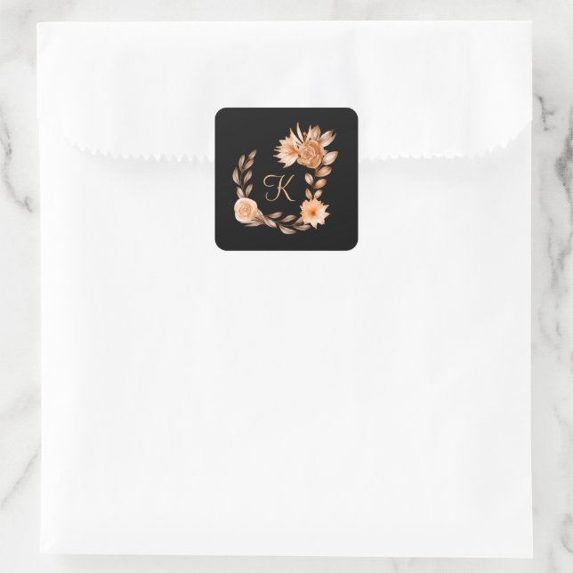 Monogrammed Black Brown and Peach Floral  Square Sticker (Bag)