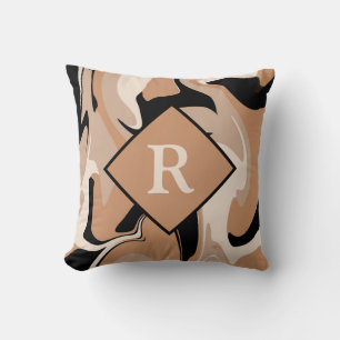 Monogrammed Black Brown Cream Marble Pillow