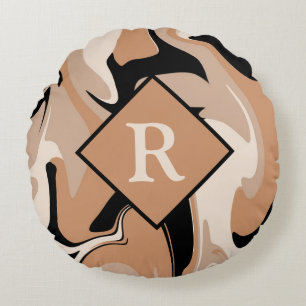 Monogrammed Black Brown Cream Marble Swirl Pattern Round Cushion