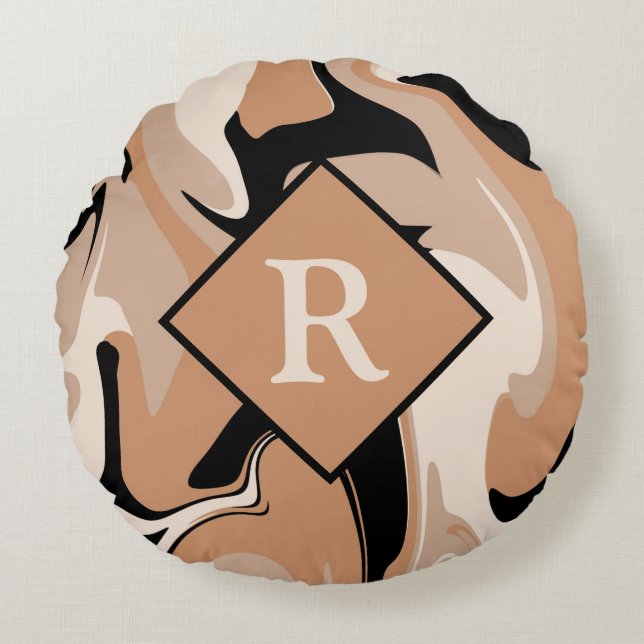 Monogrammed Black Brown Cream Marble Swirl Pattern Round Cushion (Front)