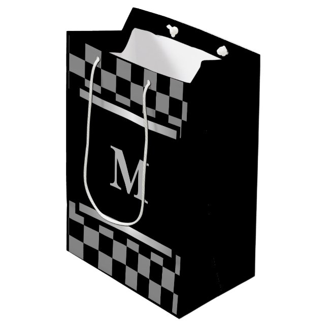 Monogrammed Black Checkered  Medium Gift Bag (Front Angled)
