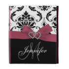 Monogrammed Black Damask Pink Bow Diamond Hearts