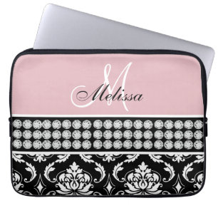 Monogrammed Black Damask Printed Diamonds Pink Laptop Sleeve