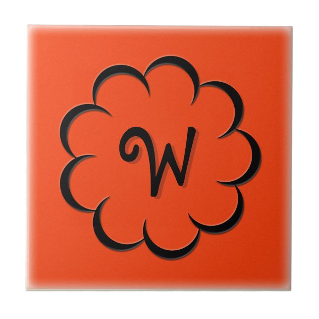 Monogrammed Black Flower on Tango Orange Tile (Front)