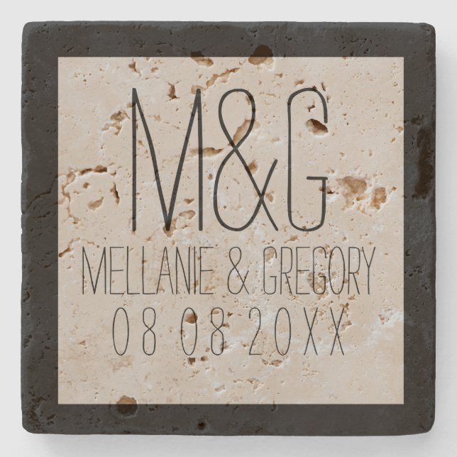 Monogrammed Black Frame Wedding Text Design Stone Coaster (Front)