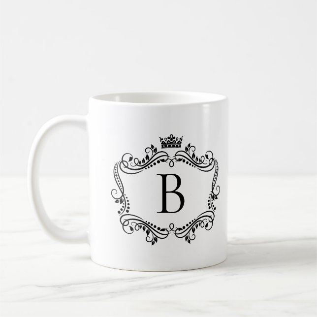 Monogrammed black frame with crown coffee mug (Left)