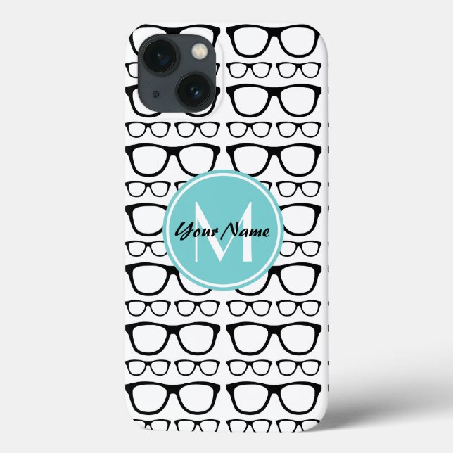 Monogrammed Black Glasses Aqua Personalised Name Case-Mate iPhone Case (Back)