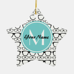 Monogrammed Black Glasses Aqua Personalised Name Ceramic Ornament