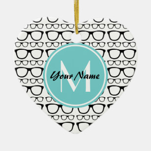 Monogrammed Black Glasses Aqua Personalised Name Ceramic Tree Decoration