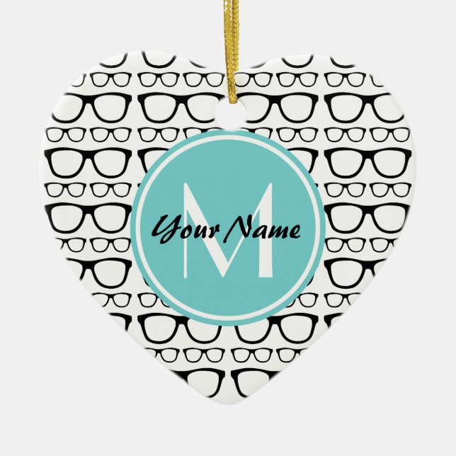 Monogrammed Black Glasses Aqua Personalised Name Ceramic Tree Decoration (Front)