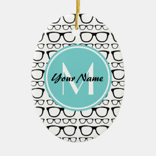 Monogrammed Black Glasses Aqua Personalised Name Ceramic Tree Decoration