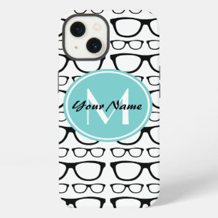 Monogrammed Black Glasses Aqua Personalised Name iPhone Case
