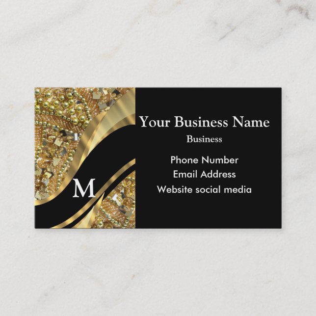 Monogrammed black gold and swirl pattern business card (Front)