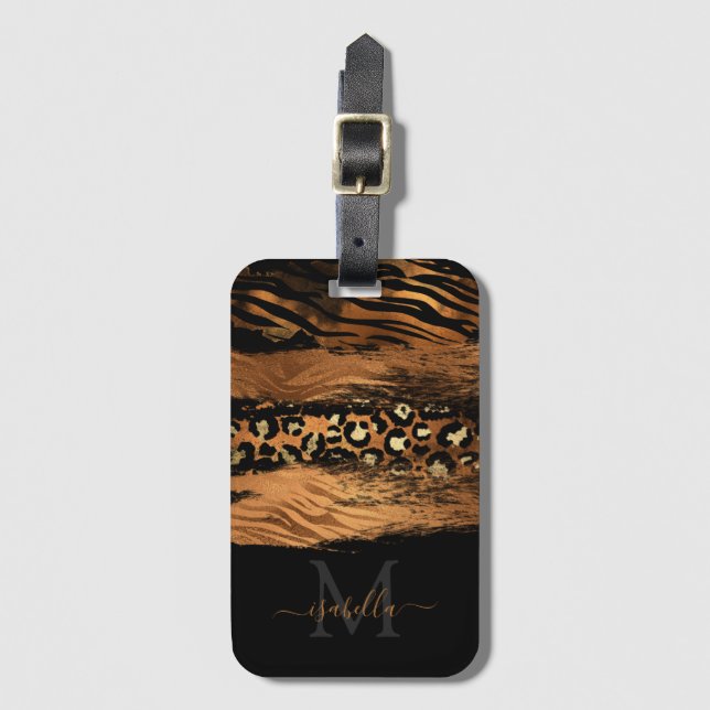 Monogrammed Black Gold Elegant Script Copper Luggage Tag (Front Vertical)