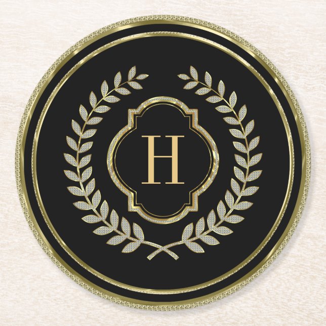Monogrammed Black & Gold Glitter Wreath Crest Round Paper Coaster (Front)