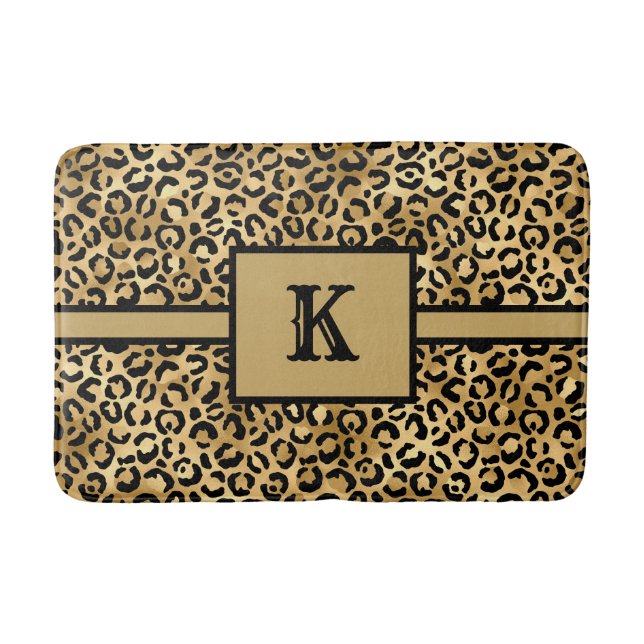 Monogrammed Black Gold Leopard Cheetah Print Bath Mat (Front)