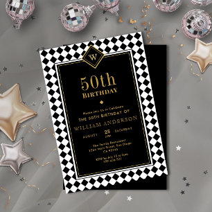 Monogrammed Black & Gold Milestone Age Birthday Invitation