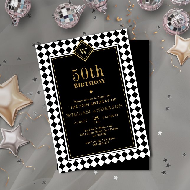 Monogrammed Black & Gold Milestone Age Birthday Invitation (Monogrammed Black & Gold Milestone Age Birthday Invitation)