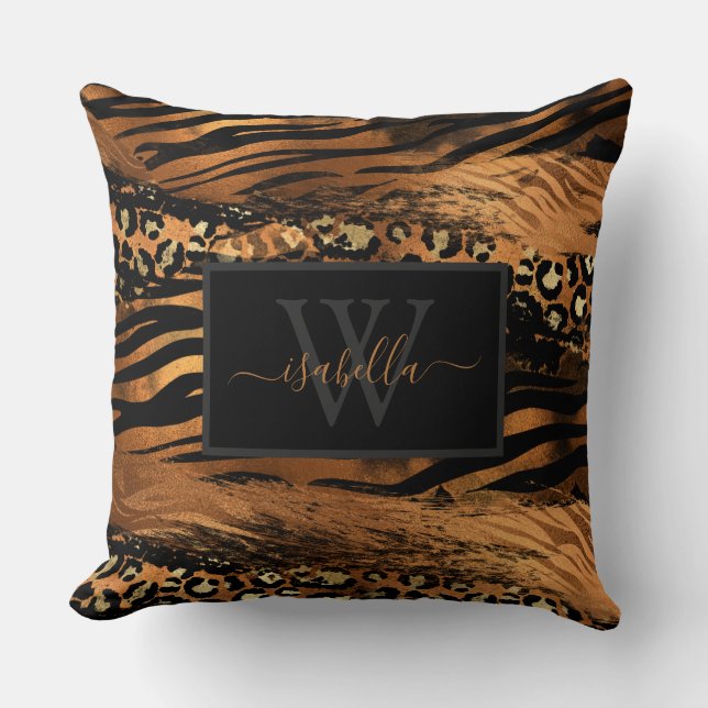 Monogrammed Black Gold Script Copper Cushion (Front)