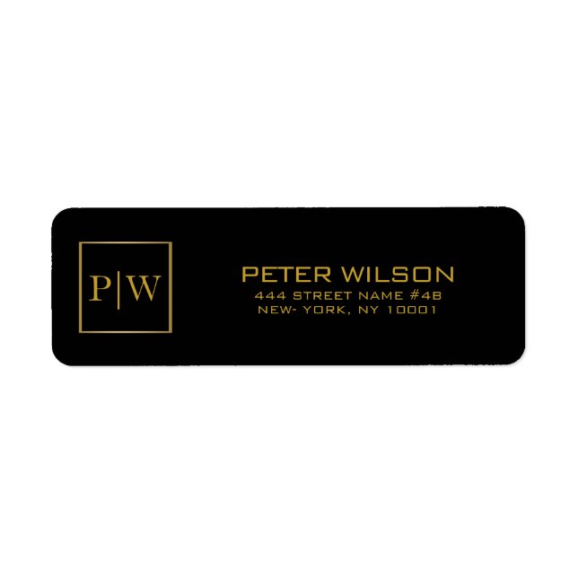Monogrammed Black Gold Square Return Address Label (Front)