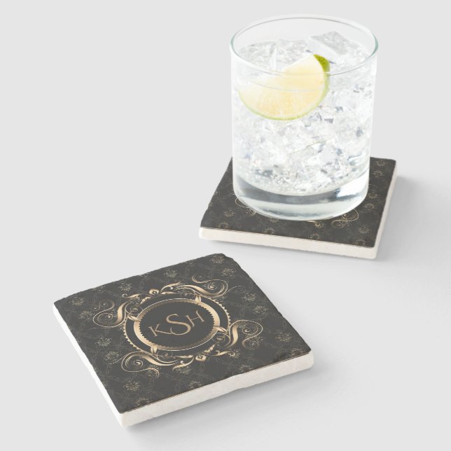 Monogrammed Black & Gold Swirly Circle Frame USB C Stone Coaster (Side)