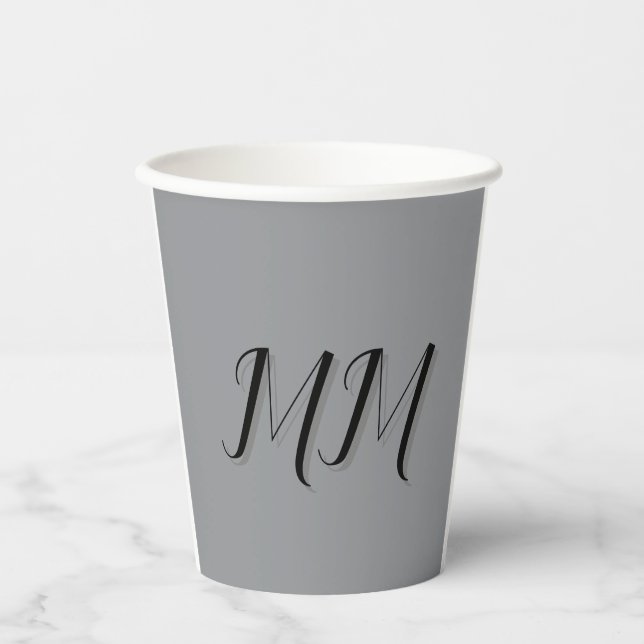 Monogrammed Black Grey Calligraphy  Paper Cups (Front)