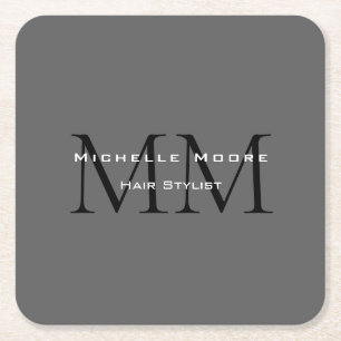 Monogrammed Black Grey Calligraphy Square Paper Coaster