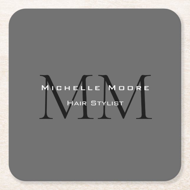Monogrammed Black Grey Calligraphy Square Paper Coaster (Front)