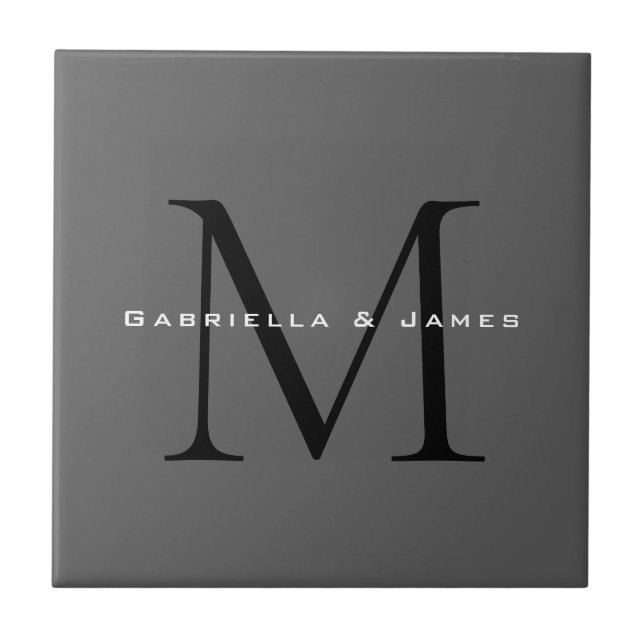 Monogrammed Black Grey Calligraphy Wedding Ceramic Tile (Front)