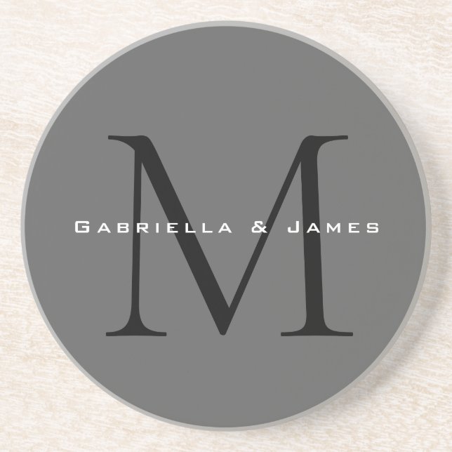 Monogrammed Black Grey Calligraphy Wedding Coaster (Front)