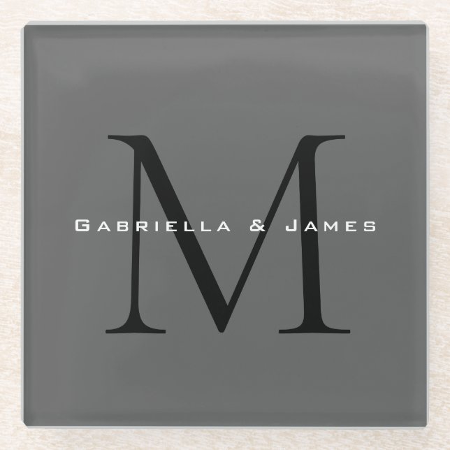 Monogrammed Black Grey Calligraphy Wedding Glass Coaster (Front)