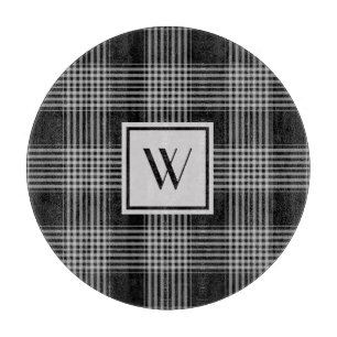 Monogrammed Black & Grey Chequered Plaid Pattern Cutting Board
