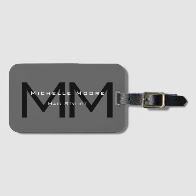 Monogrammed Black Grey Initials Name Occupation Luggage Tag (Front Horizontal)