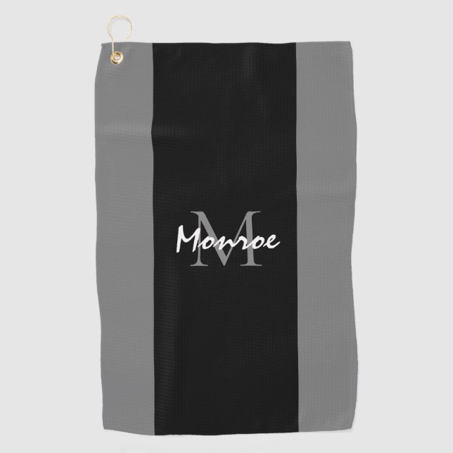 Monogrammed Black Grey Modern Script Personalised Golf Towel (Front)