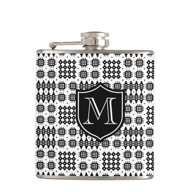 Monogrammed Black on White Faux Welsh Tapestry Hip Flask (Front)