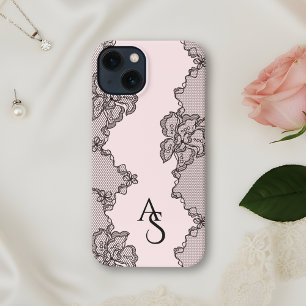 Monogrammed Black Pink Floral Lace  iPhone 13 Case