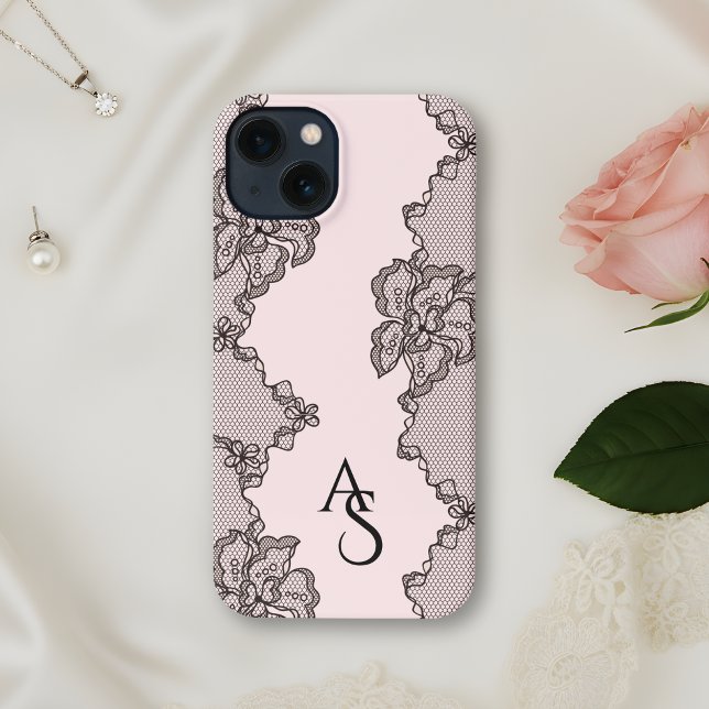 Monogrammed Black Pink Floral Lace  iPhone Case (Creator Uploaded)