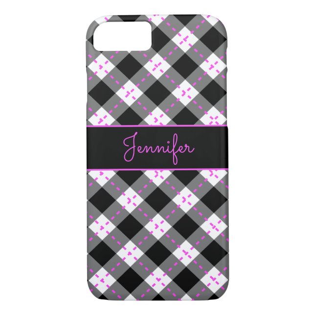 Monogrammed Black Pink n White Argyle Case-Mate iPhone Case (Back)