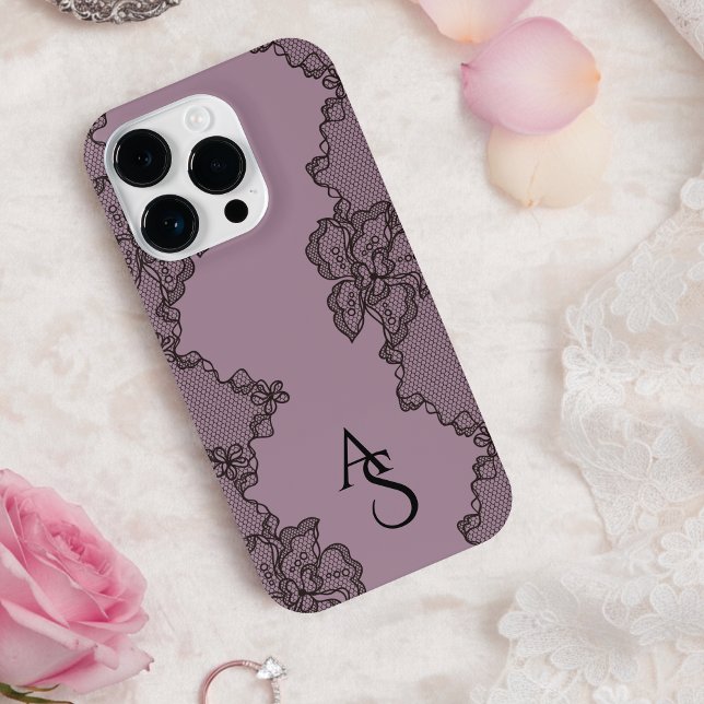 Monogrammed Black Purple Floral Lace  iPhone Case (Creator Uploaded)