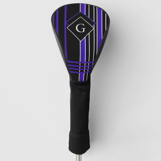 Monogrammed Black & Purple Striped Golf Head Cover (Front)