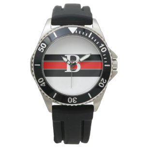 Monogrammed Black & Red Striped Watch