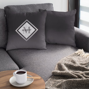 Monogrammed Black Silver Marble Geometric Cushion