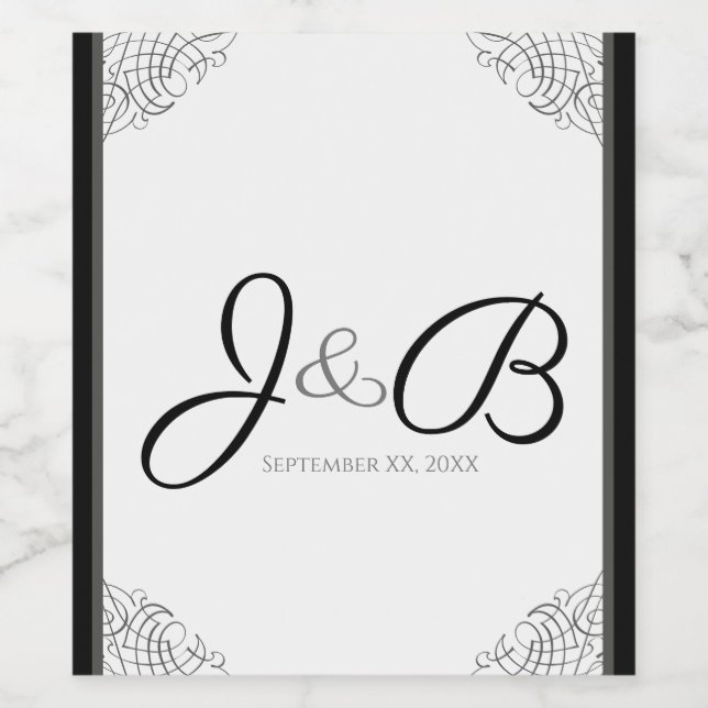 Monogrammed Black Vintage Frame Wedding Wine Label (Single Label)