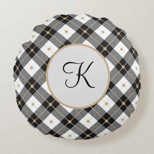 Monogrammed Black White and Gold Plaid Round Pillo Cushion (Front)